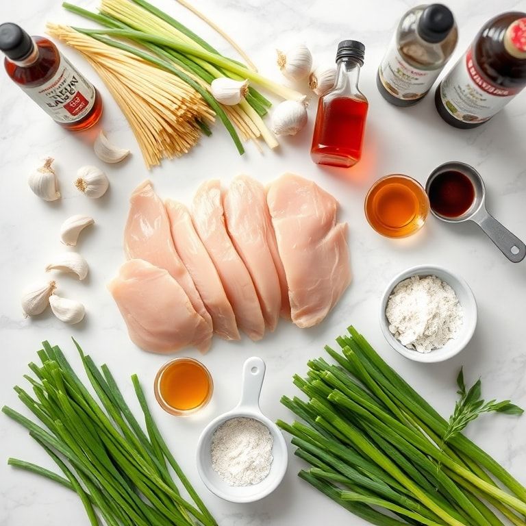 Overhead view of raw chicken breast, dry noodles, garlic cloves, soy sauce, scallions, bowls, spoons, and cups on white marble.