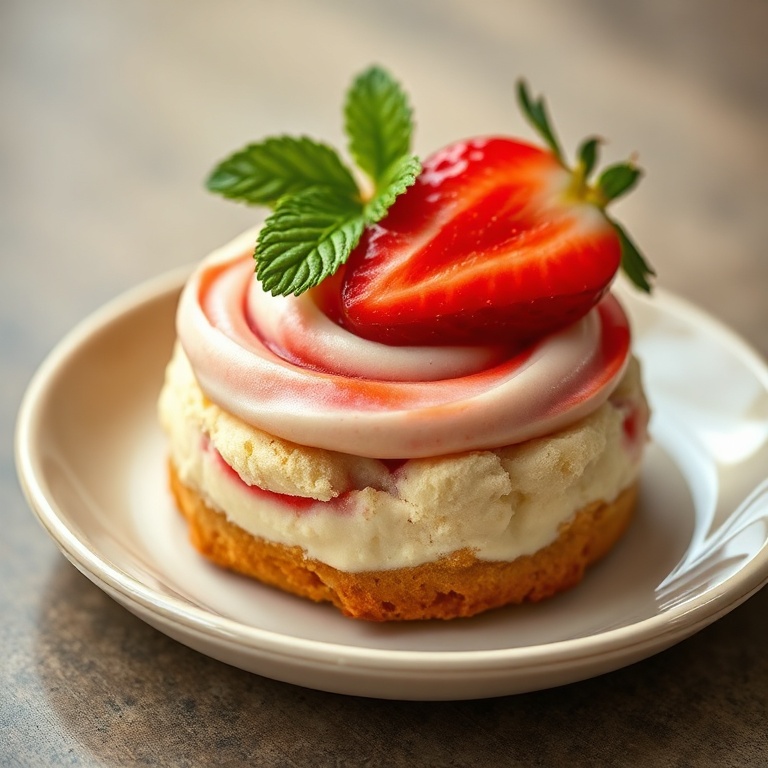 One strawberry cheesecake cookie on a small cream plate, topped with a fresh strawberry slice and mint, close-up with warm lighting showing creamy swirls.