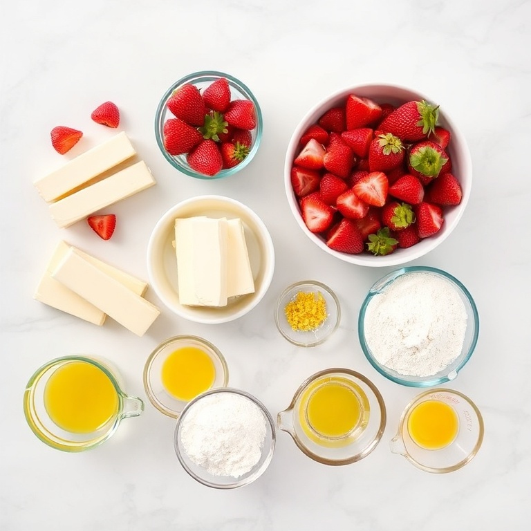 Overhead flat lay of strawberries, cream cheese, butter, sugar, all-purpose flour, and small prep bowls on a marble surface for strawberry cheesecake cookies.