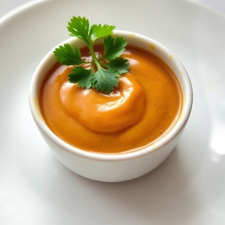 A small bowl of Sweet and Spicy Jalapeno Honey Mustard Sauce with a sprig of cilantro on top. A white ceramic plate with soft side lighting shows the smooth, glossy texture.
