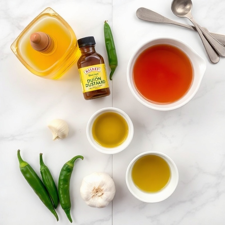 A flat lay of honey, Dijon mustard, jalapenos, garlic, and a small bowl of olive oil. Measuring spoons and a mixing bowl nearby on a white marble surface.