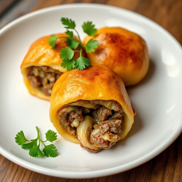 Perfectly plated stuffed beef and cheese onions with a garnish of fresh herbs. Warm side lighting highlights the texture and presentation.