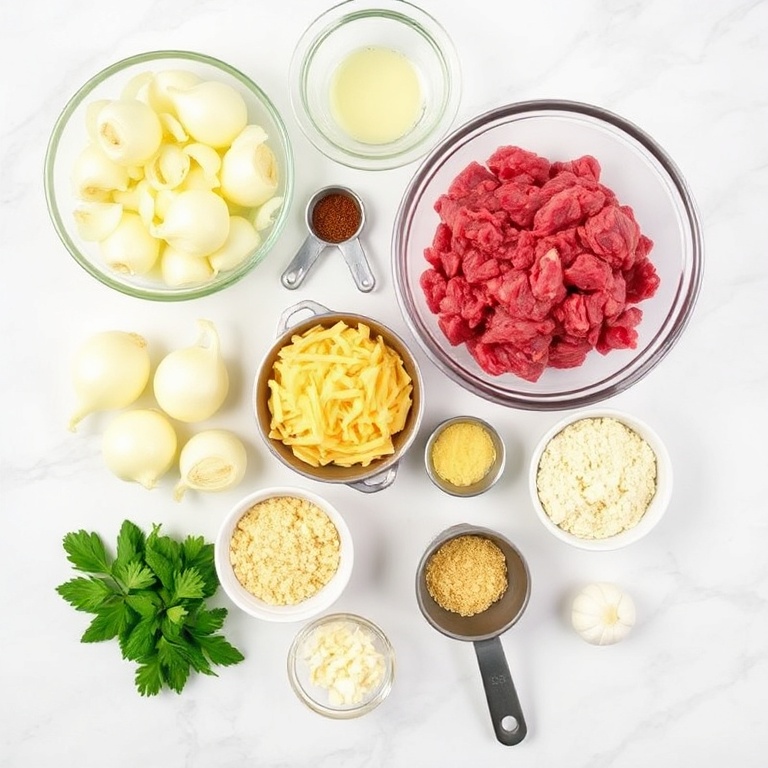 Raw ingredients for Sweet Heat Stuffed Beef and Cheese Onions. Onions, ground beef, cheese, garlic, and herbs arranged in a flat lay with measuring tools.