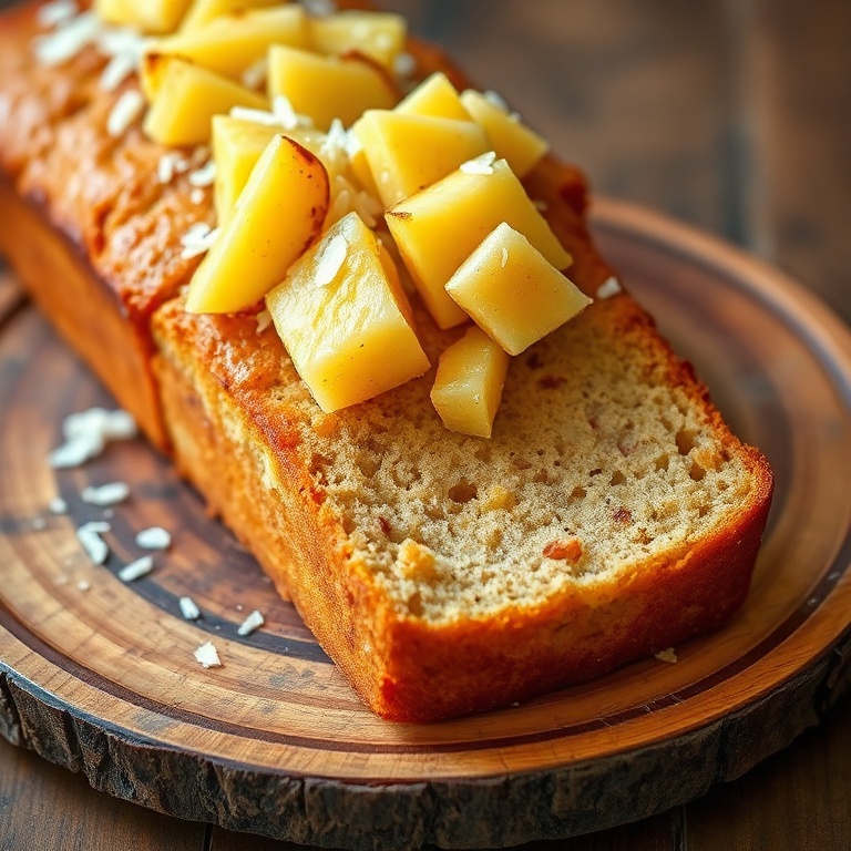 A slice of Tropical Coconut Pineapple Banana Bread topped with fresh pineapple and shredded coconut on a rustic wooden plate.