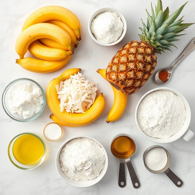 Fresh pineapples, ripe bananas, shredded coconut, and other raw ingredients arranged on a white marble surface with measuring cups and spoons.