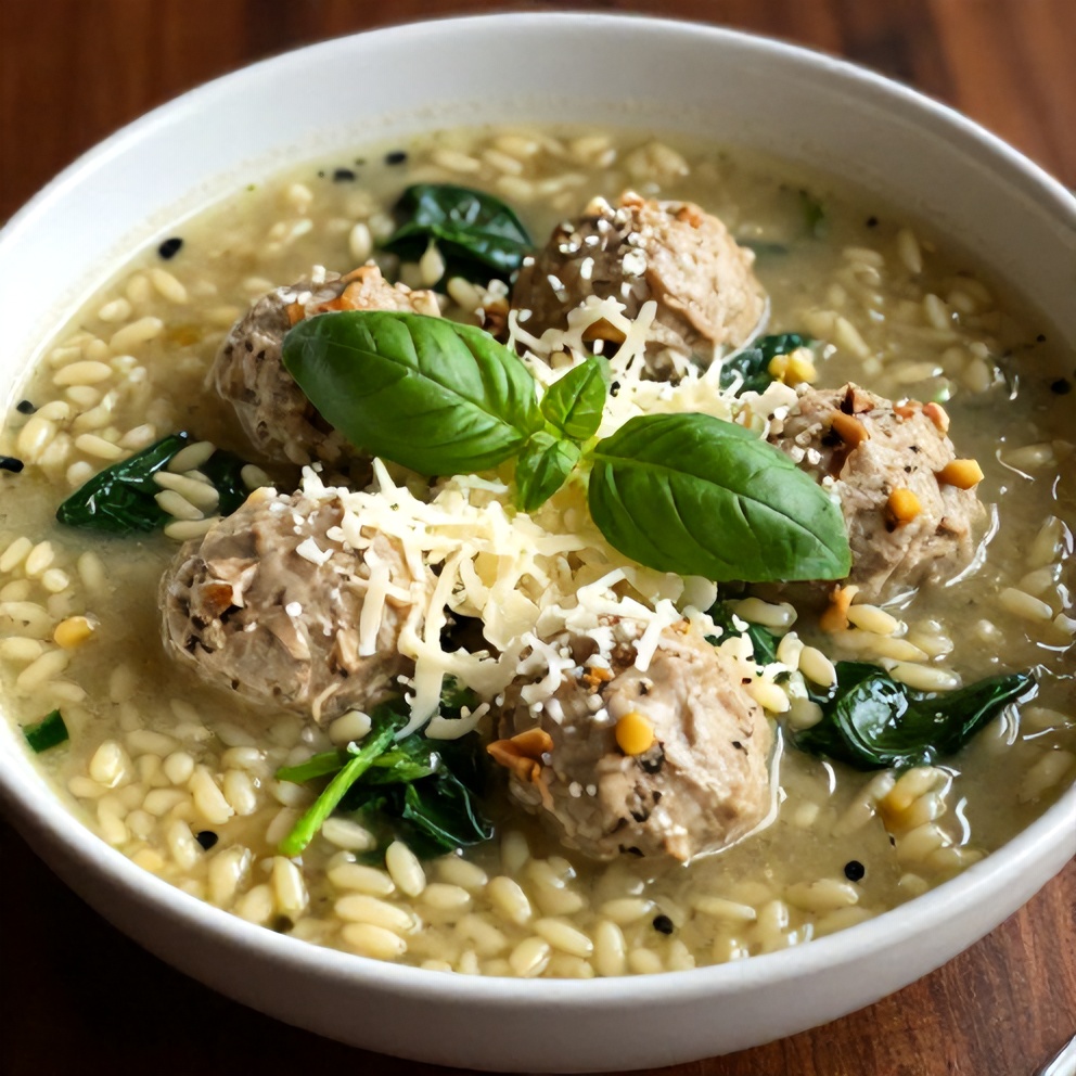 Plated Turkey Meatball Soup with Orzo and Spinach
