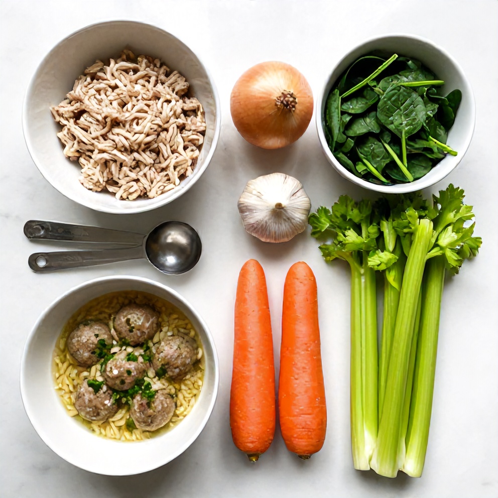 Raw ingredients for Turkey Meatball Soup with Orzo and Spinach