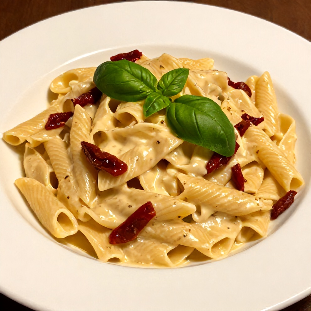 Plated serving of creamy vegan sun dried tomato pasta on a white plate, garnished with fresh basil.