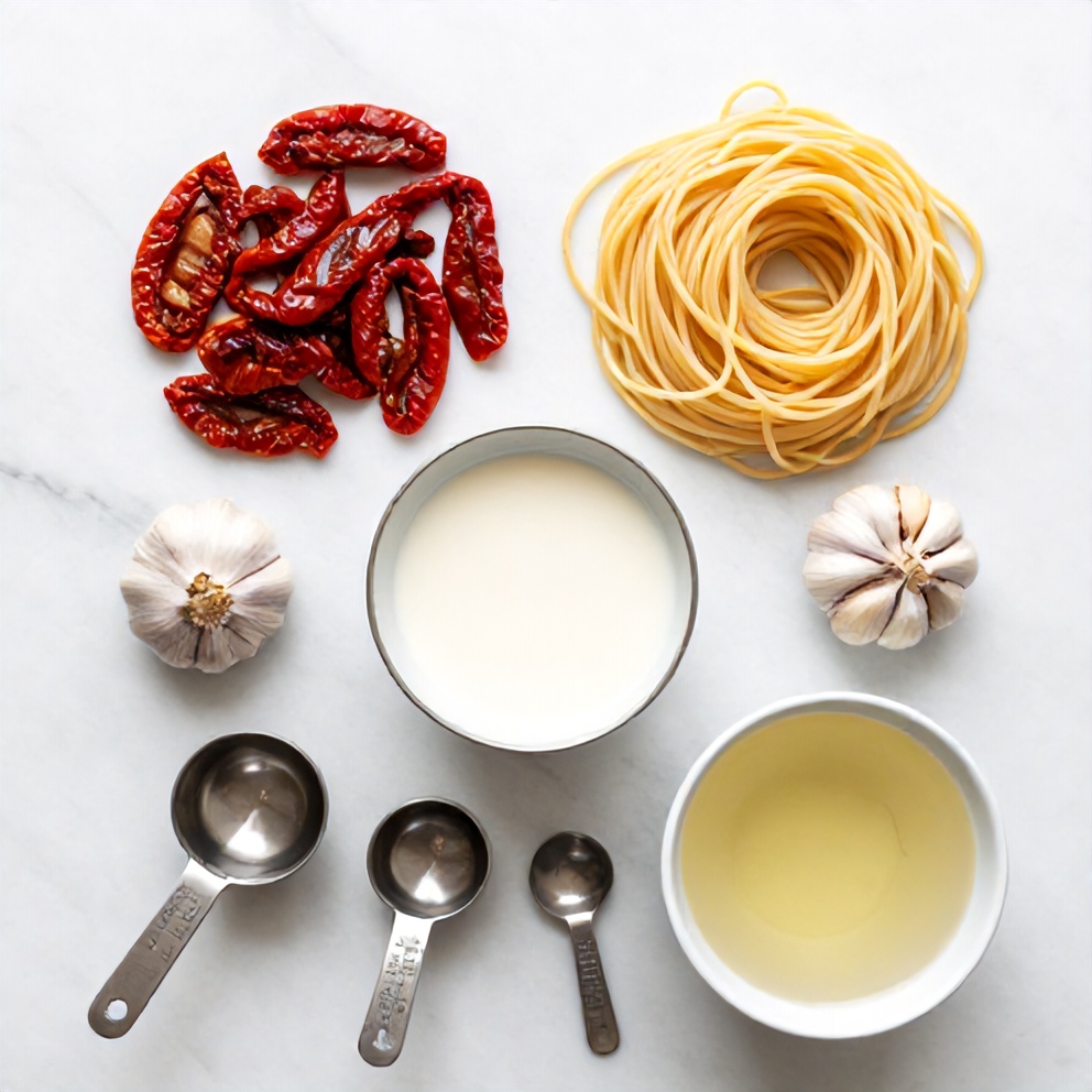 Raw ingredients for vegan sun dried tomato pasta arranged in an overhead flat lay, including sun dried tomatoes, garlic, and pasta.