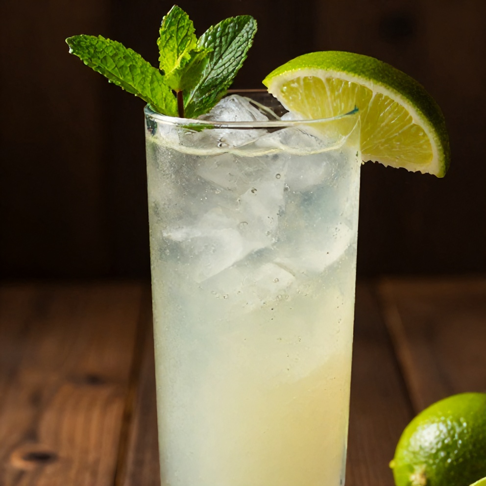 White Christmas Mojito garnished with a mint sprig and lime wheel