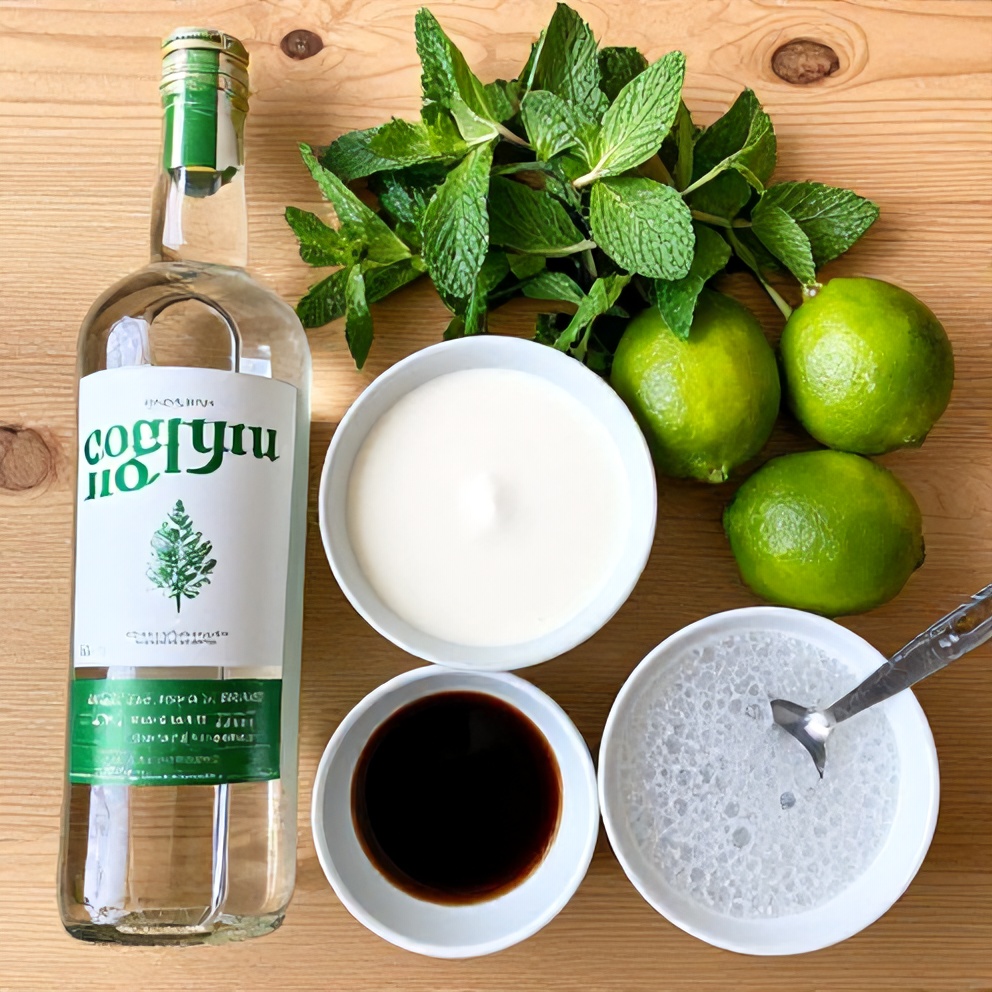 Ingredients for White Christmas Mojitos laid out on a wooden surface