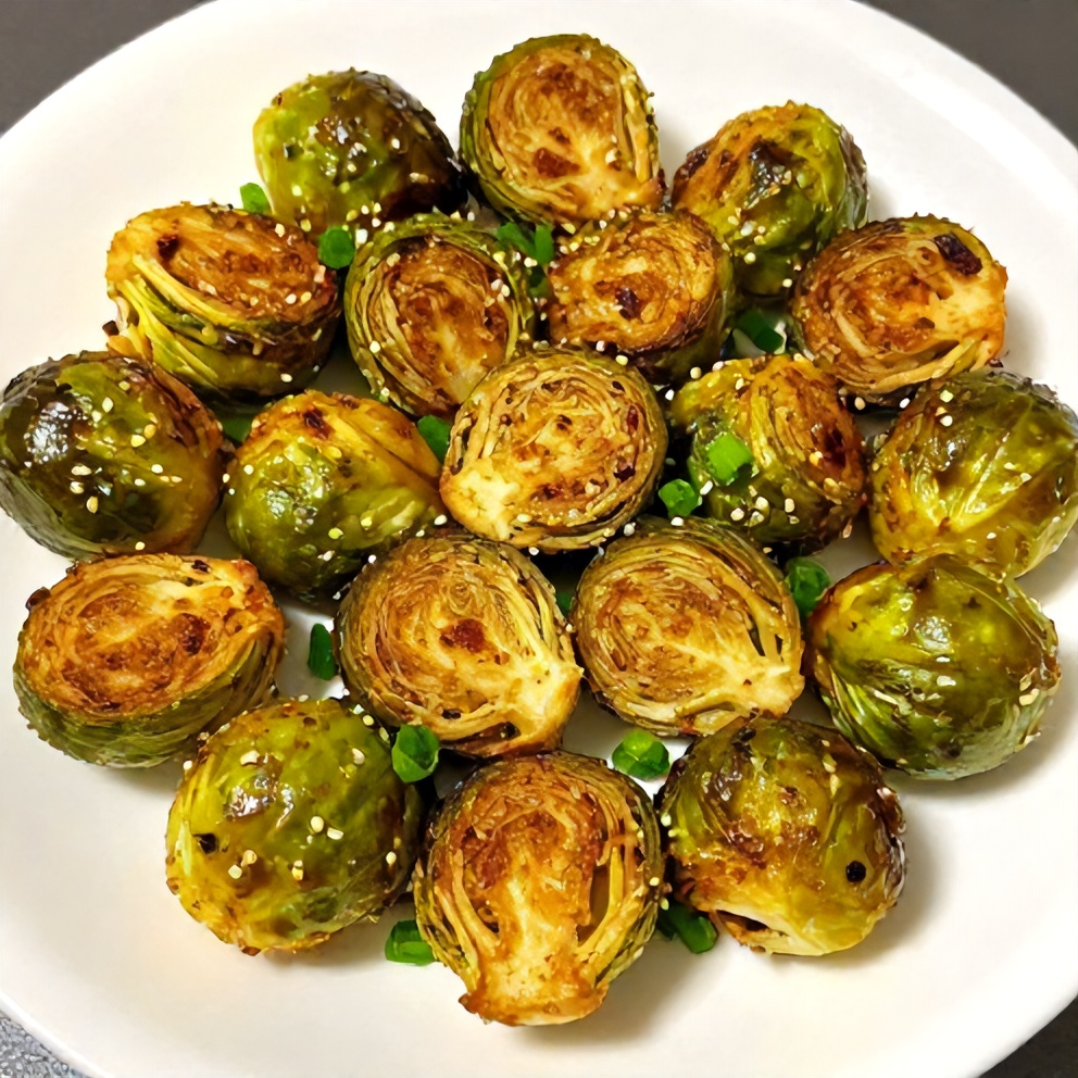 Plated serving of crispy air fryer brussels sprouts with honey and spice