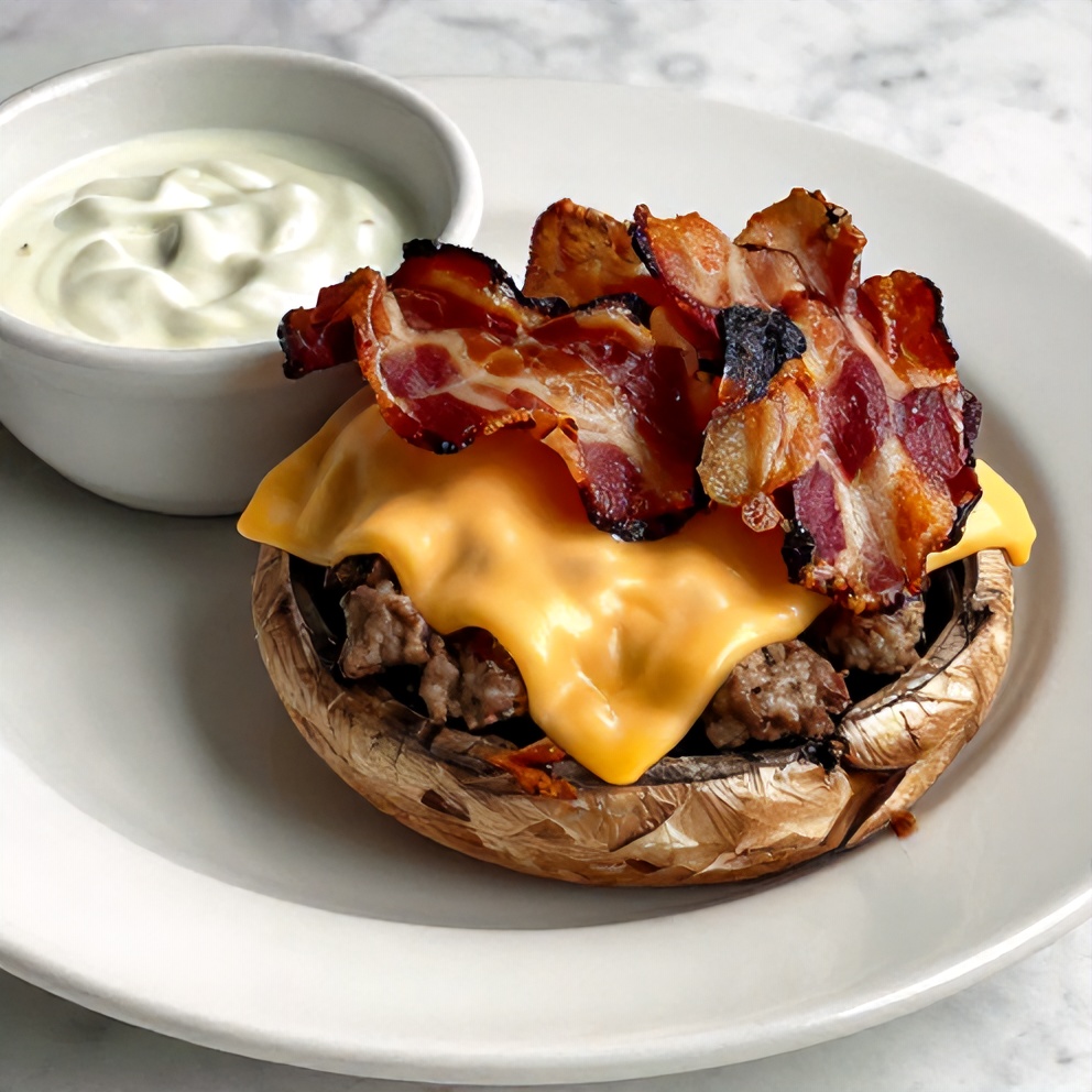 Plated Bacon Cheeseburger Stuffed Mushrooms with a side of ranch dressing