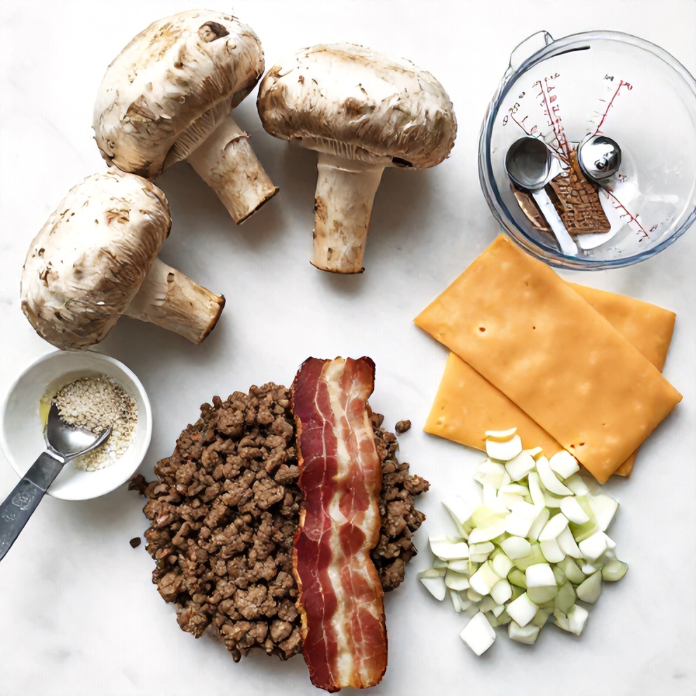 Bacon, ground beef, mushrooms, and cheese arranged on a marble surface