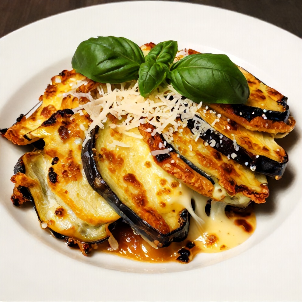 Plated Baked Eggplant Parmesan with Fresh Basil