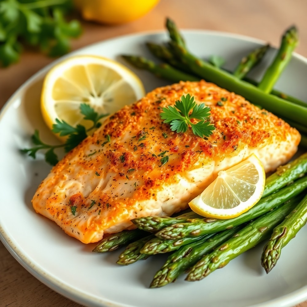 Plated serving of Crispy Baked Lemon Herb Salmon with Asparagus