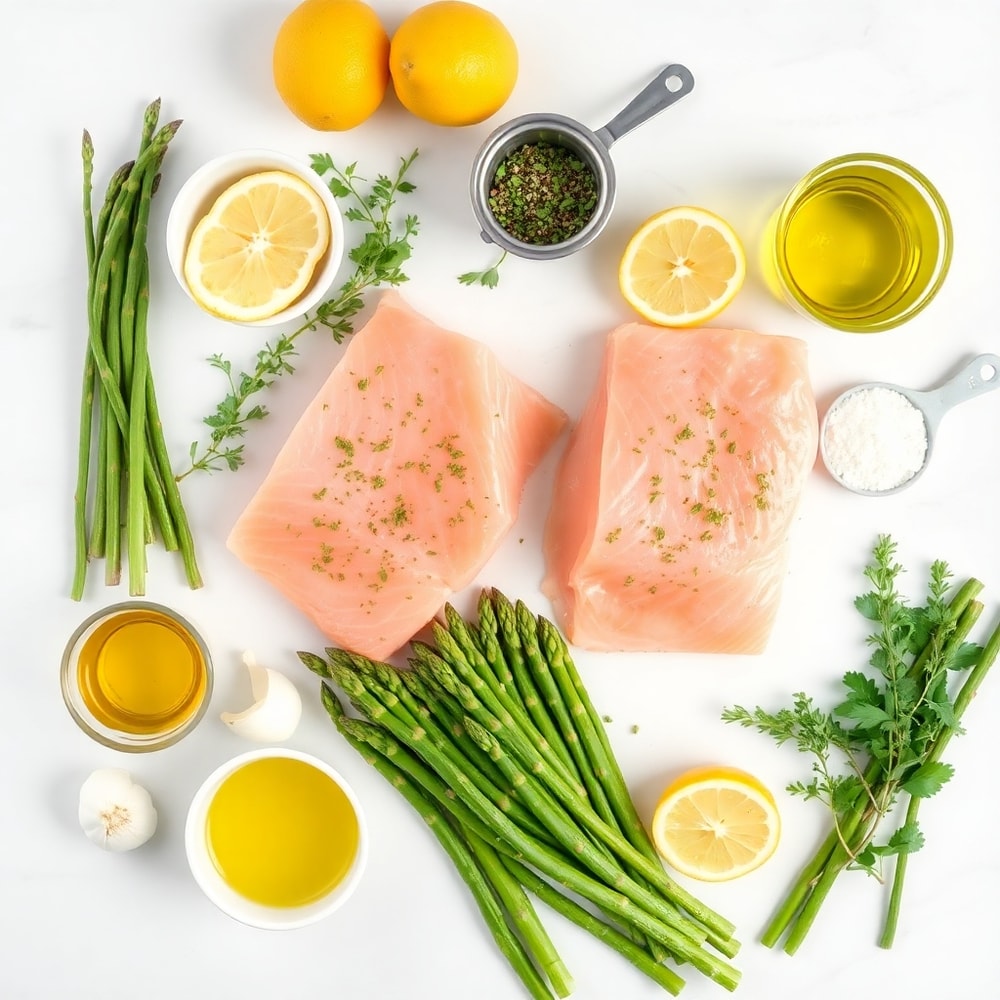 Raw ingredients for Baked Lemon Herb Salmon with Asparagus