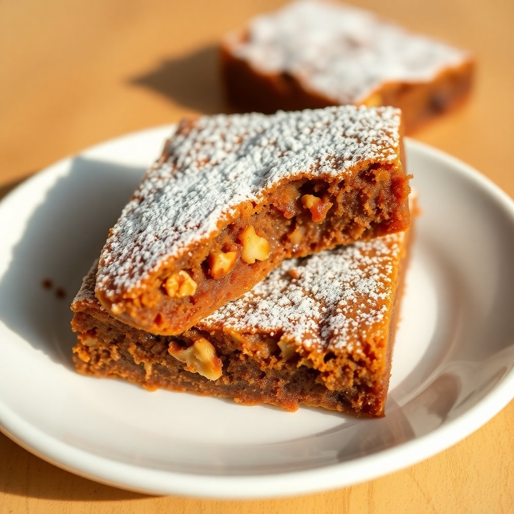 Plated Banana Bread Brownies with Powdered Sugar
