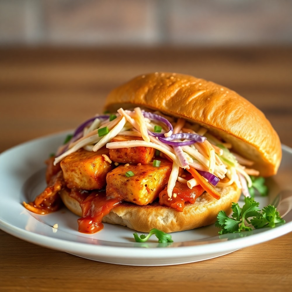 Close-up of BBQ tofu sandwich with slaw