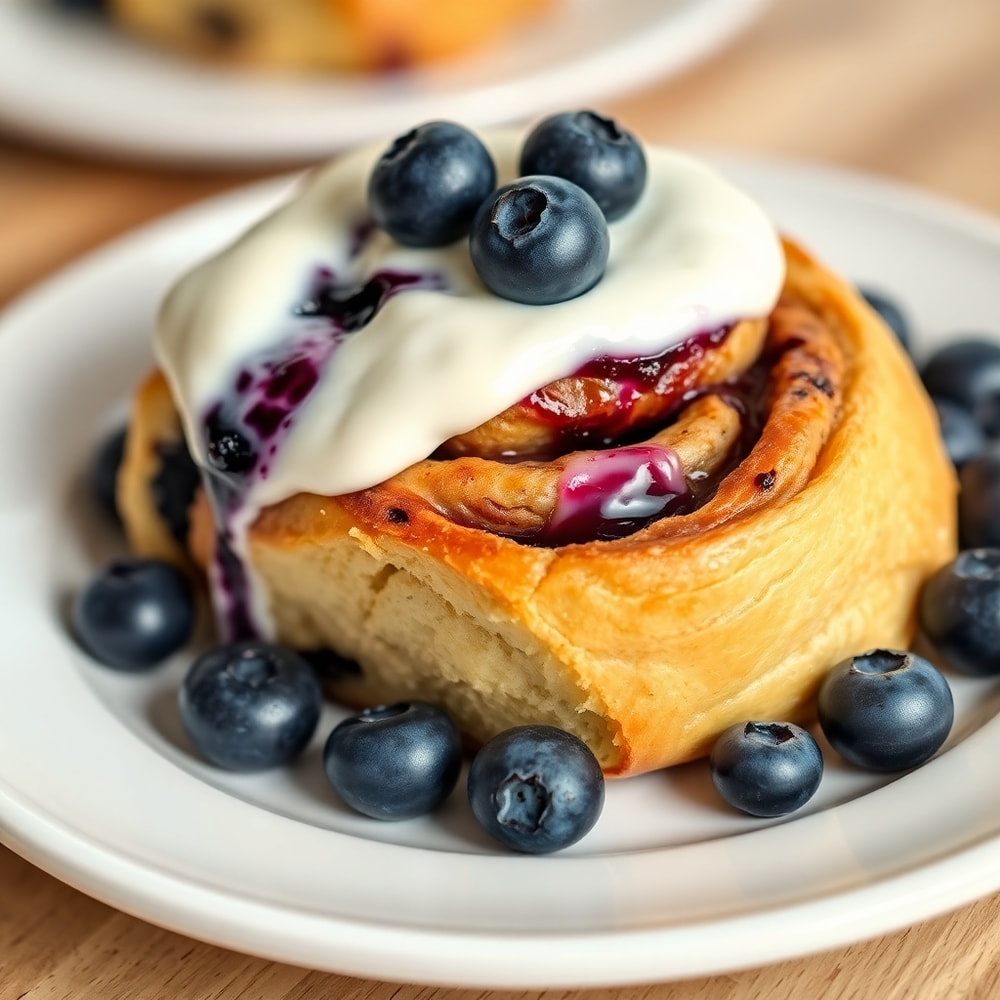 Plated blueberry cinnamon roll with cream cheese frosting
