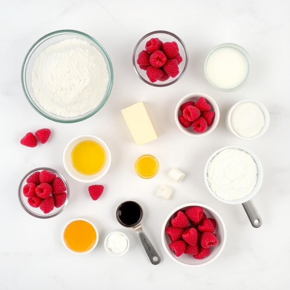 Raspberry Bread ingredients on a marble surface
