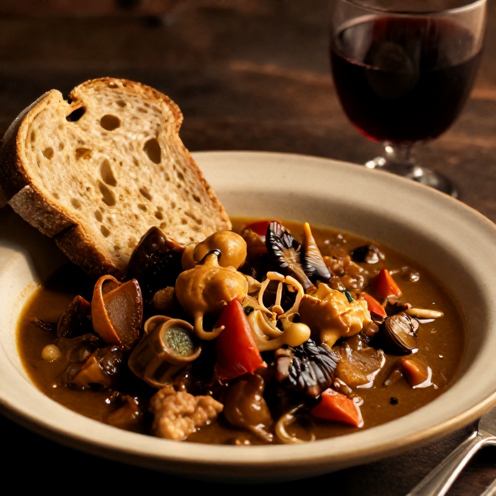 Bowl of hearty winter stew with crusty bread and a glass of red wine
