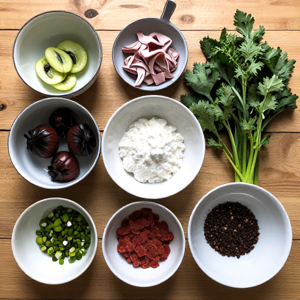 Raw ingredients for a hearty winter stew laid out on a wooden surface