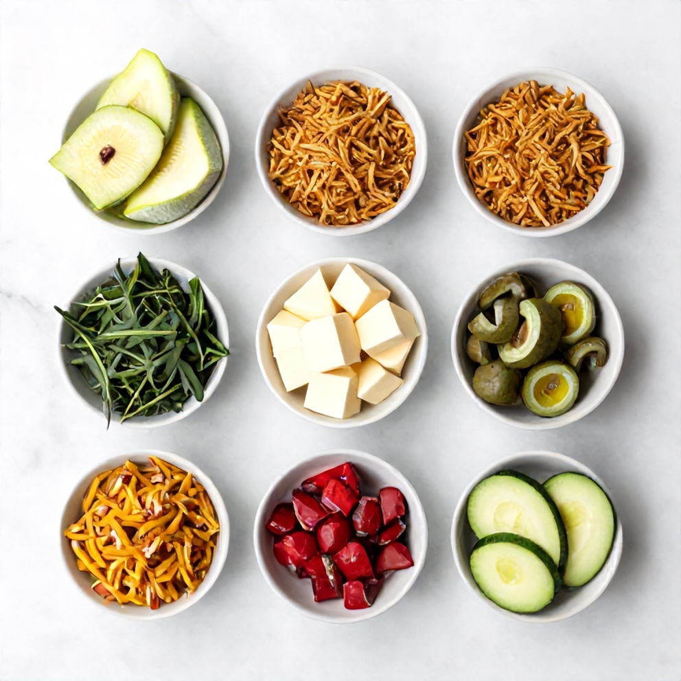 Raw ingredients for Spanish Rice on a white marble surface