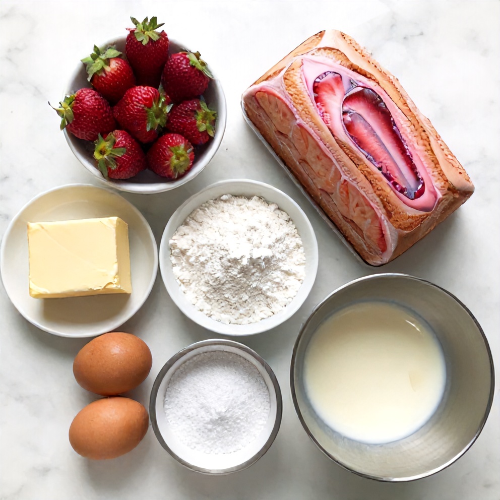 Ingredients for Strawberry Milkshake Pound Cake laid out