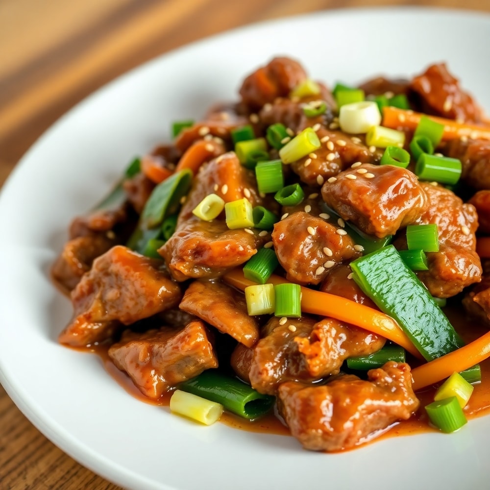Plated beef stir fry with green onions and sesame seeds