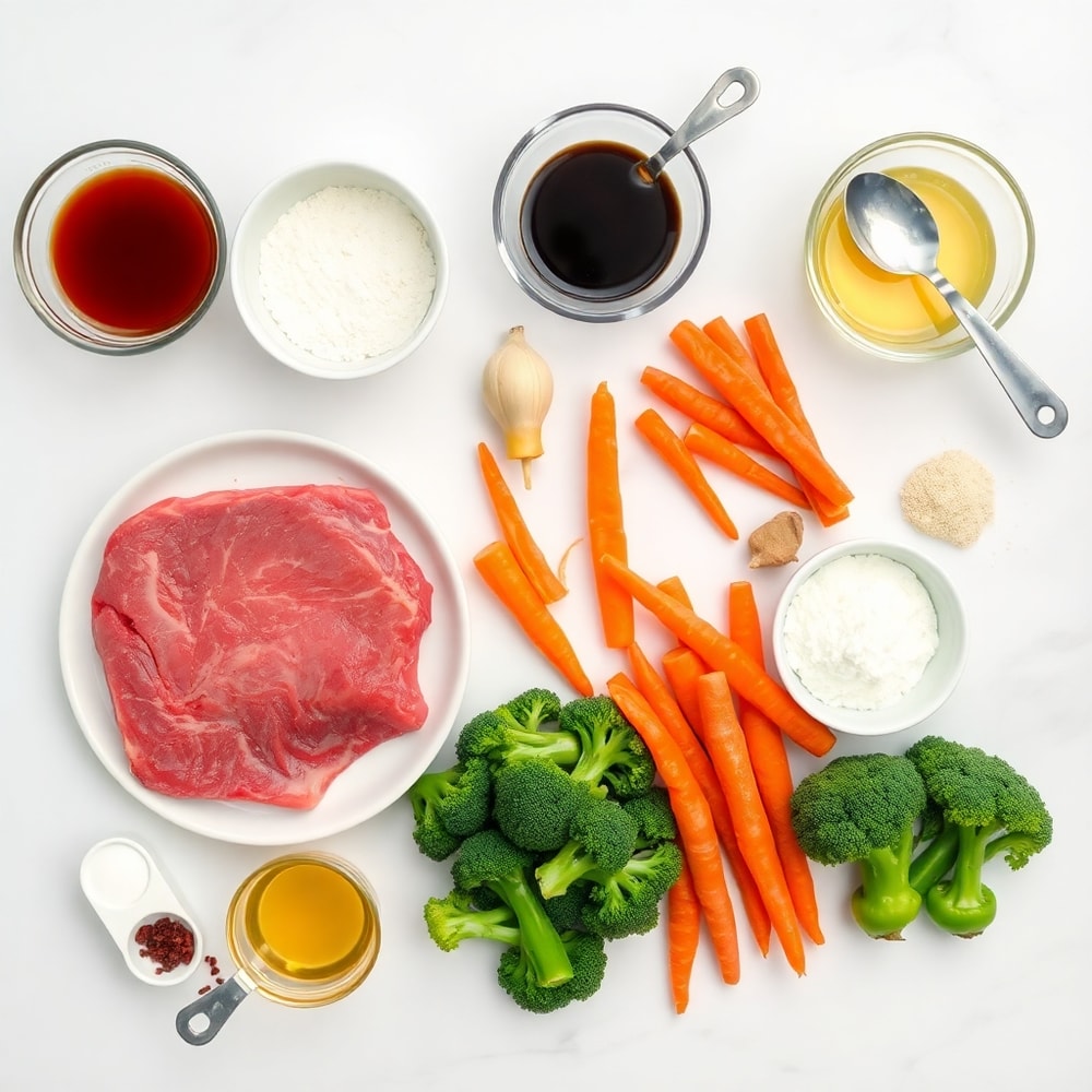 Raw ingredients for beef stir fry arranged on a white marble surface