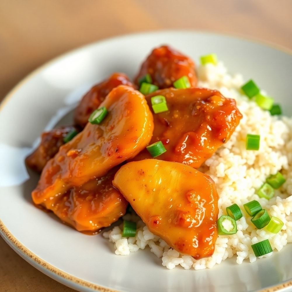 Plated serving of brown sugar pineapple chicken with steamed rice and green onions