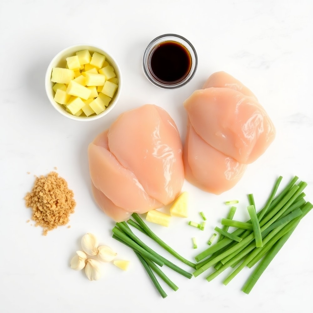Raw ingredients for brown sugar pineapple chicken: chicken breasts, pineapple, brown sugar, soy sauce, garlic, ginger, and green onions