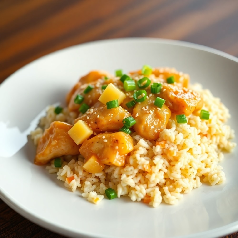 Pineapple Chicken and Rice plated with garnish