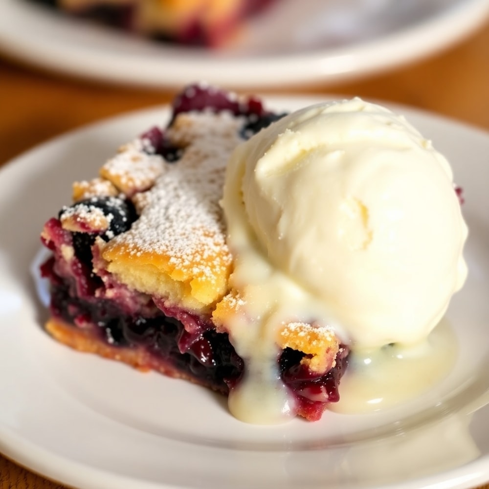 Blackberry Cobbler Bars on a plate with a scoop of vanilla ice cream