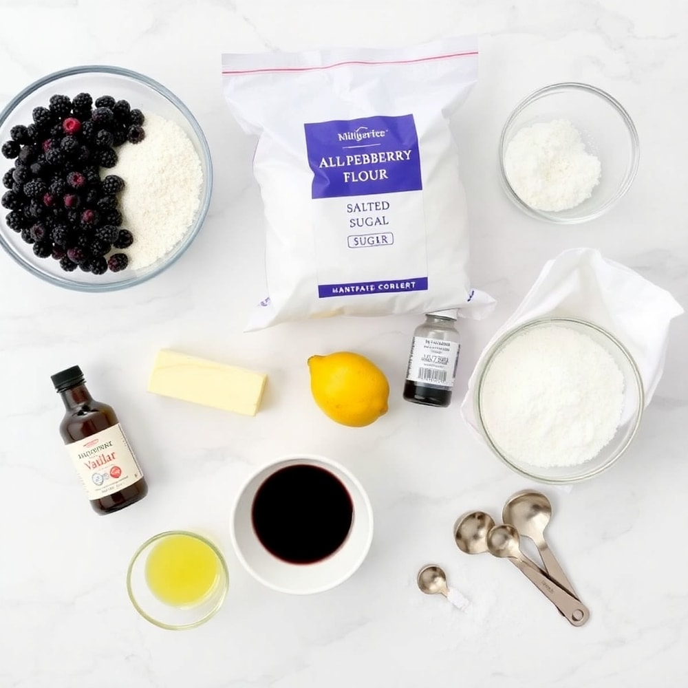 Raw ingredients for Blackberry Cobbler Bars on a marble surface