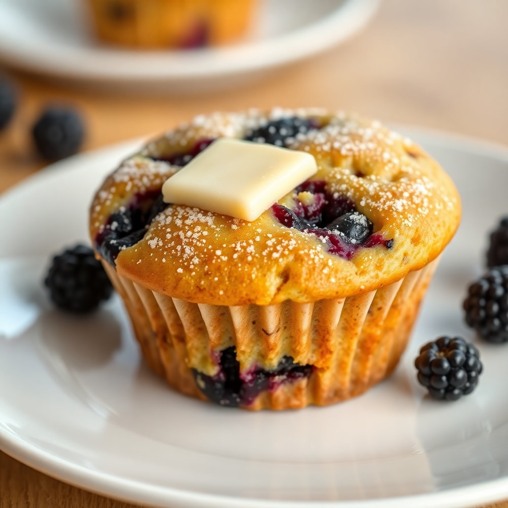 Plated blackberry muffin with a sprinkle of sugar and a pat of butter