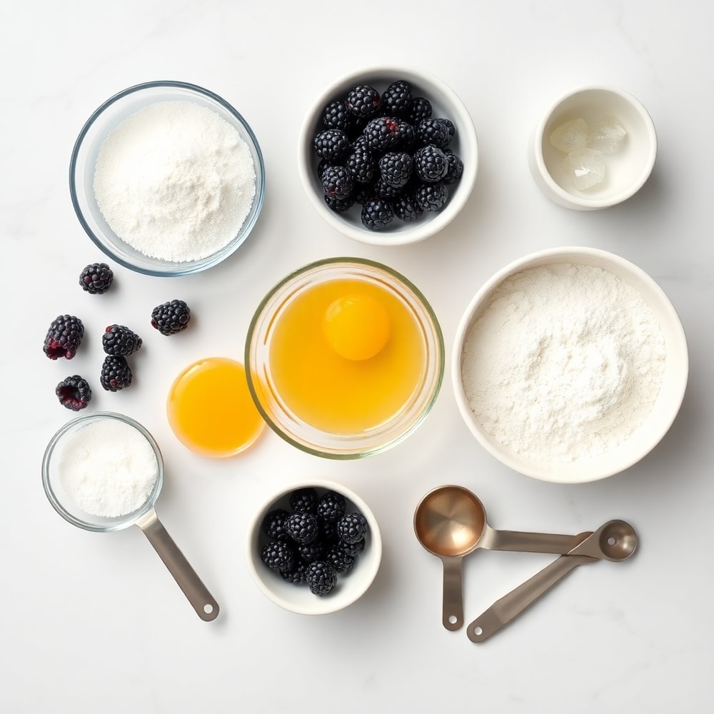 Raw ingredients for blackberry muffins including fresh blackberries, flour, sugar, and eggs