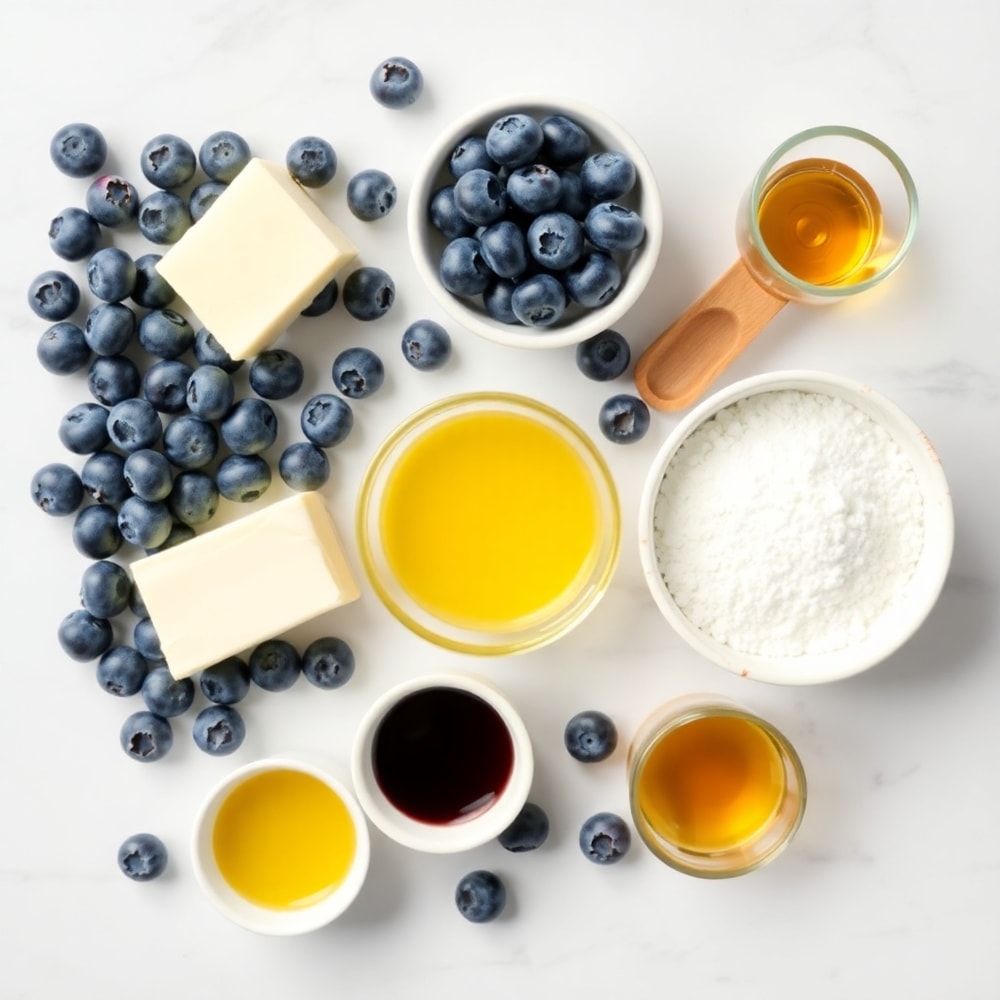 Blueberries, butter, sugar, lemon juice, and vanilla extract arranged on a wooden surface