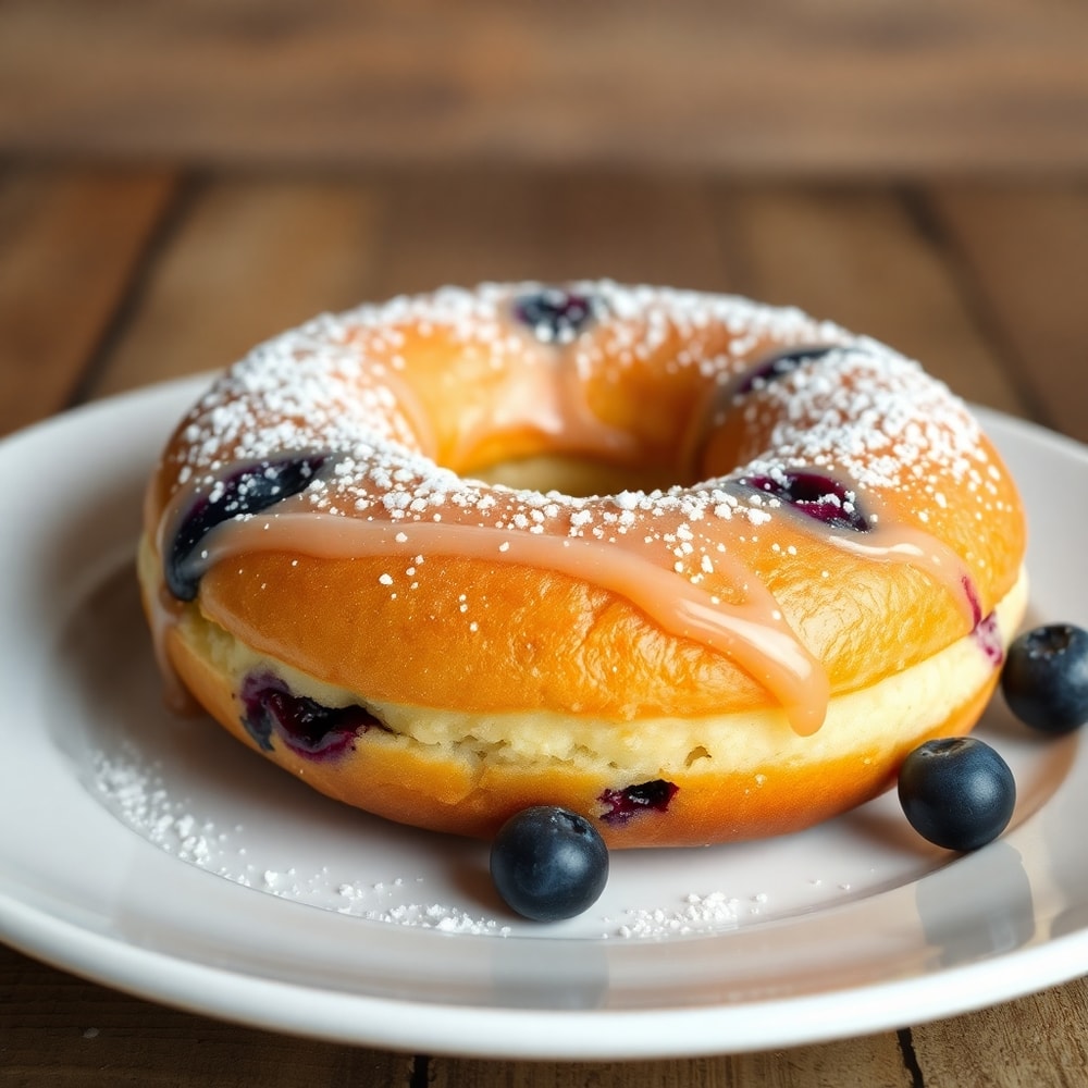Plated blueberry cake donut with a sprinkle of powdered sugar
