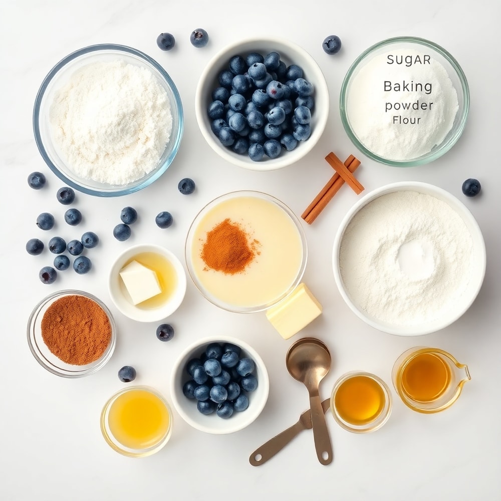 Blueberries, flour, sugar, and other ingredients for blueberry cake donuts