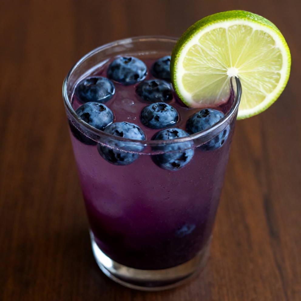 Blueberry coconut water drink poured into a glass with a lime wheel garnish