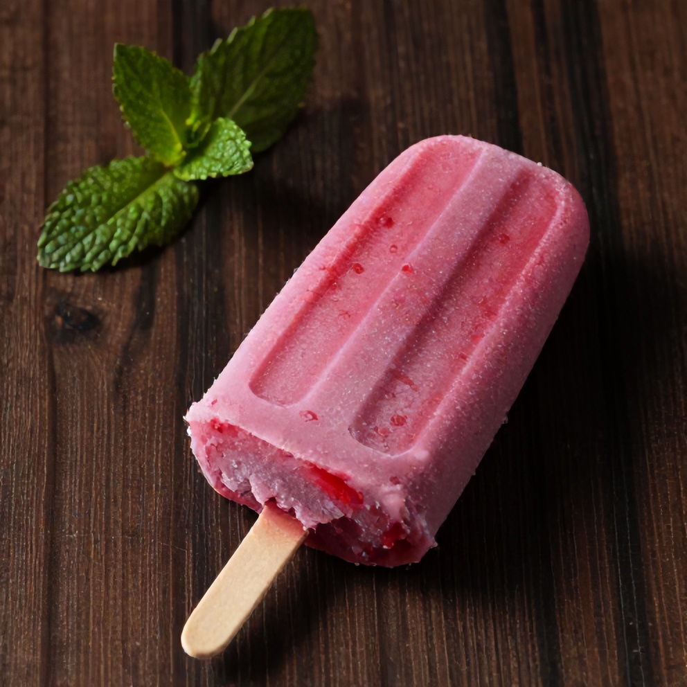 One perfect plated serving of Boozy Cherry Bomb Popsicle on a dark wooden surface, garnished with a mint leaf