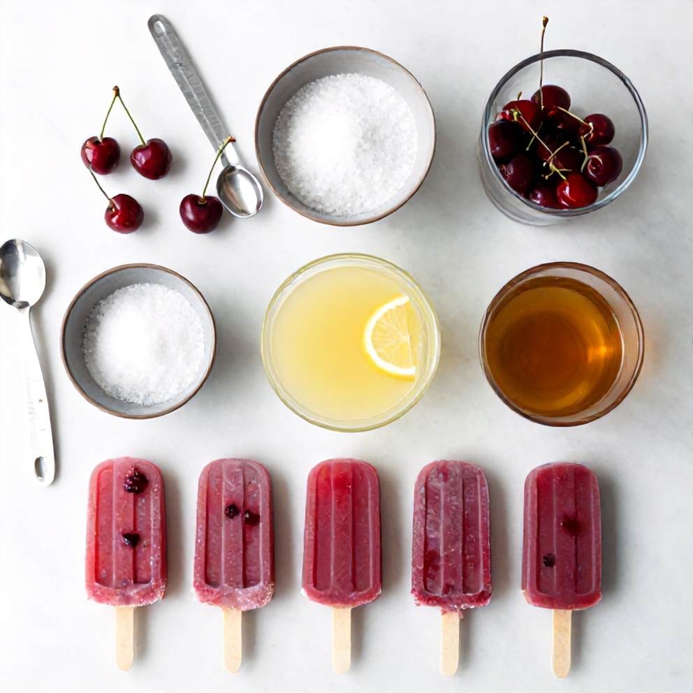 Raw ingredients for Boozy Cherry Bomb Popsicles arranged as an overhead flat lay, including cherries, sugar, lemon juice, and rum