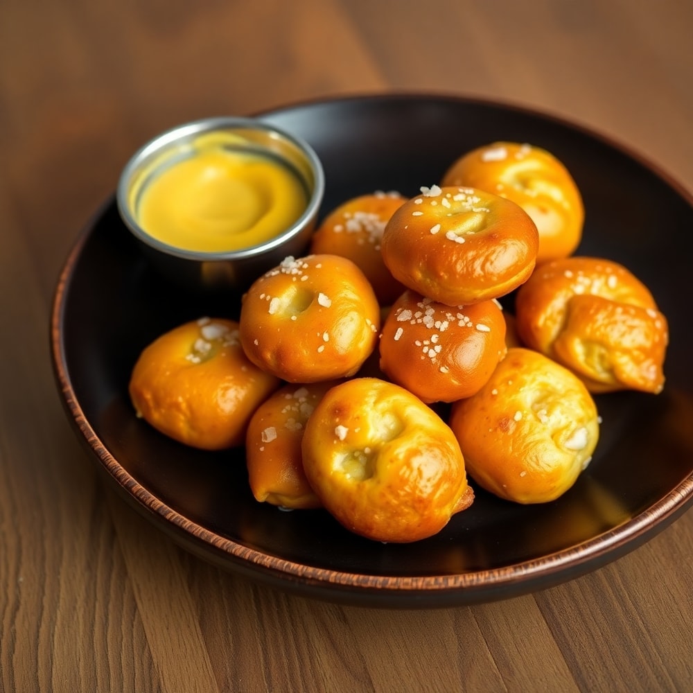 Pretzel bites on a plate with mustard for dipping