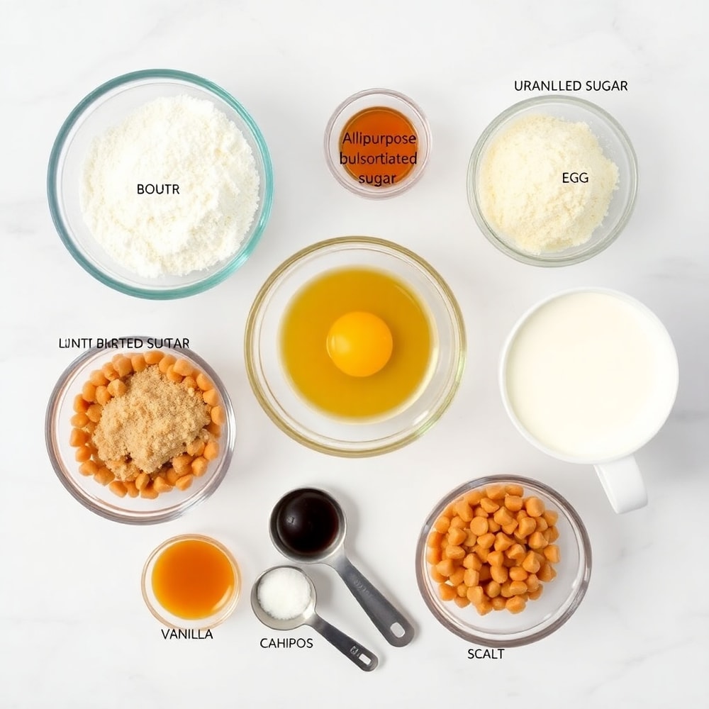 Ingredients for Caramel Crush Bars on a white marble surface