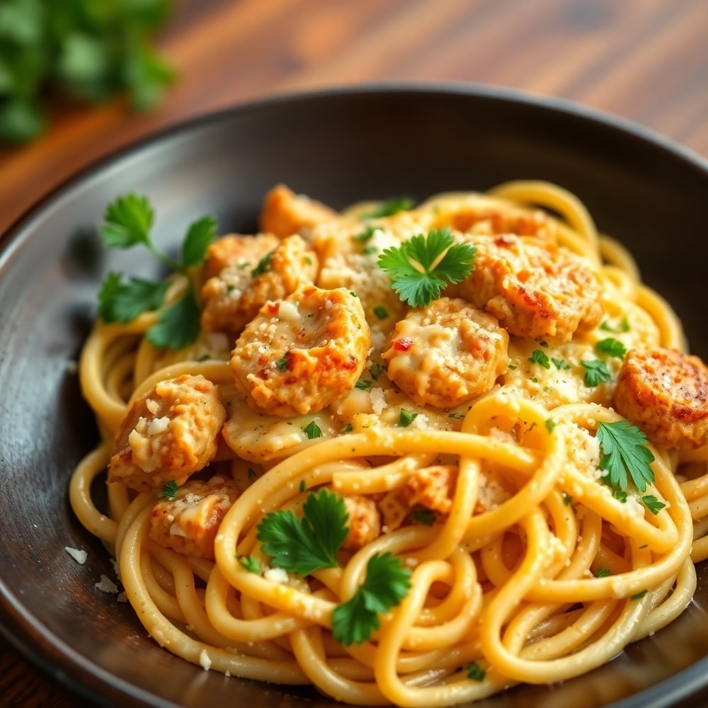 Plated Cheesy Chicken and Sausage Pasta
