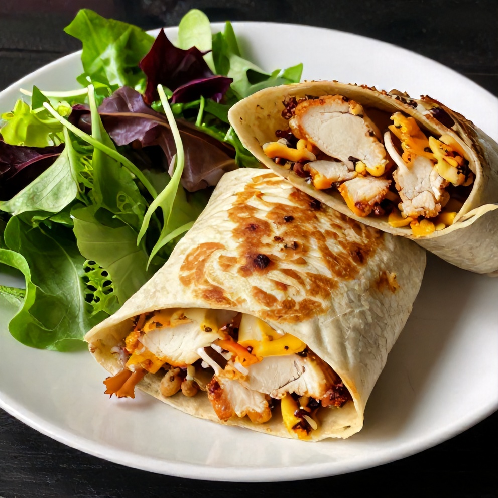 Plated serving of Cheesy Garlic Chicken Wraps with a side of mixed greens