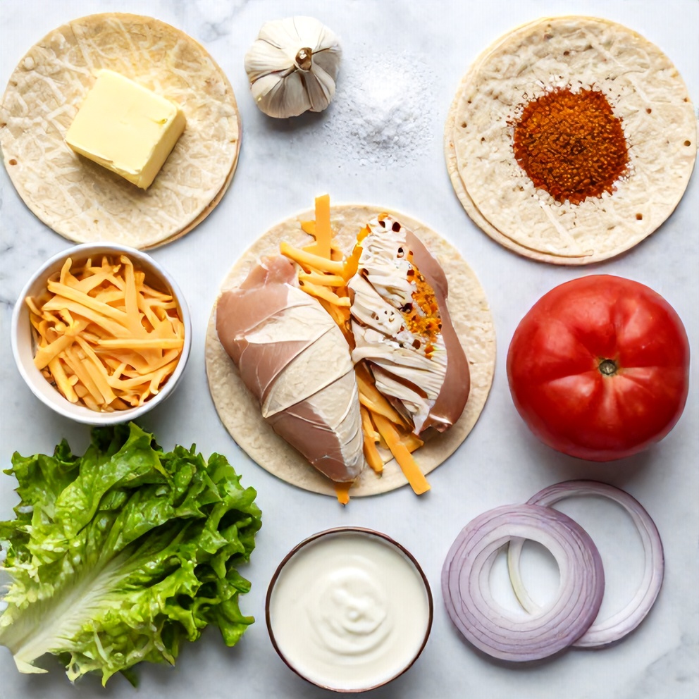Raw ingredients for Cheesy Garlic Chicken Wraps arranged in a flat lay