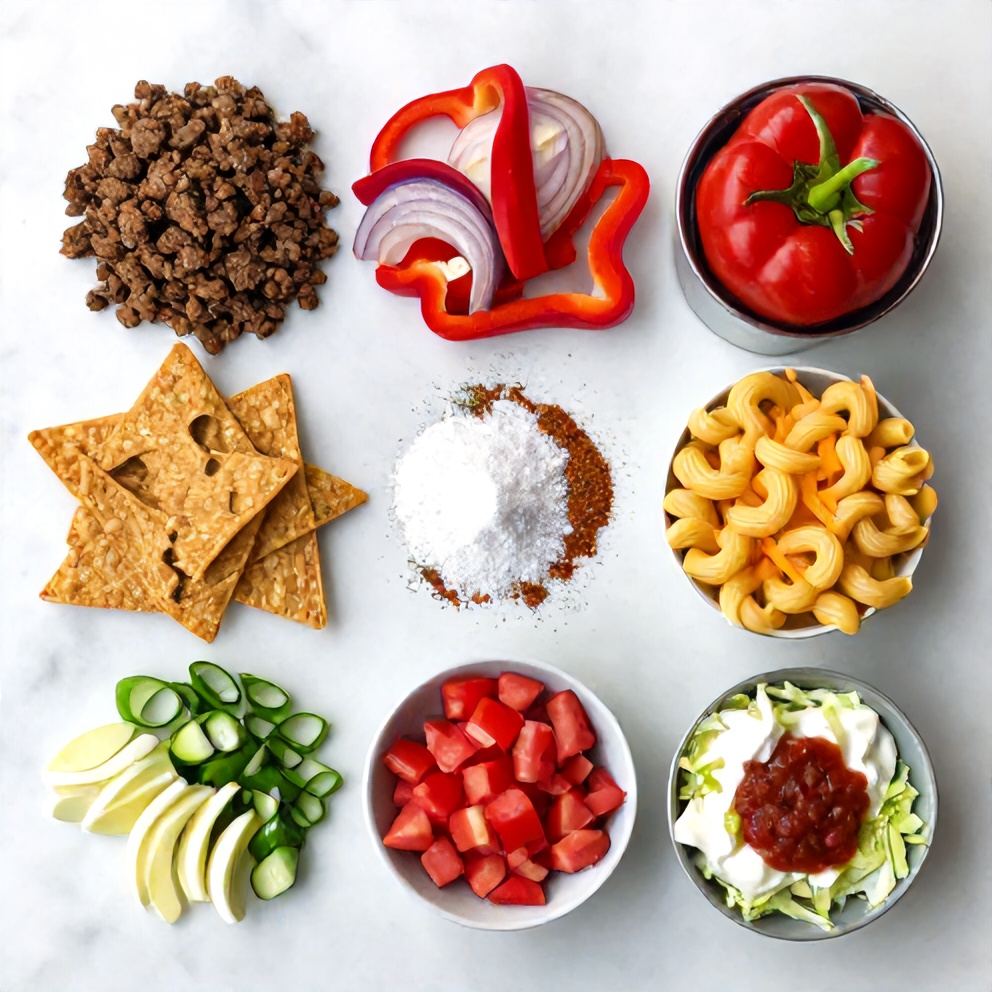 Raw ingredients for Cheesy Hamburger Casserole